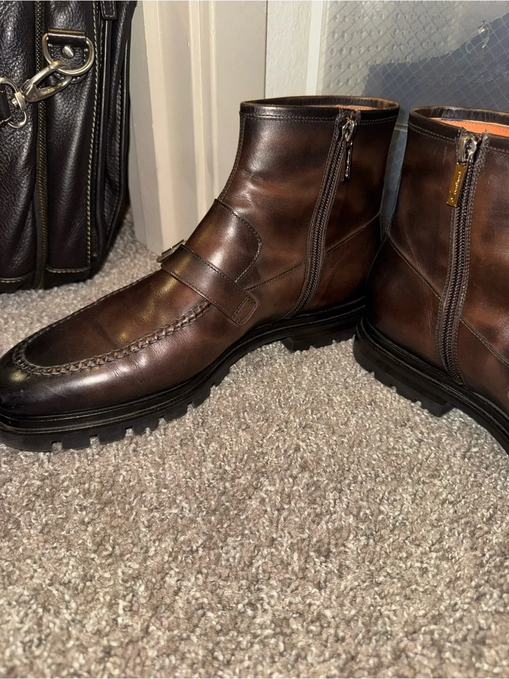 Santoni Gold Buckle Brown Boots